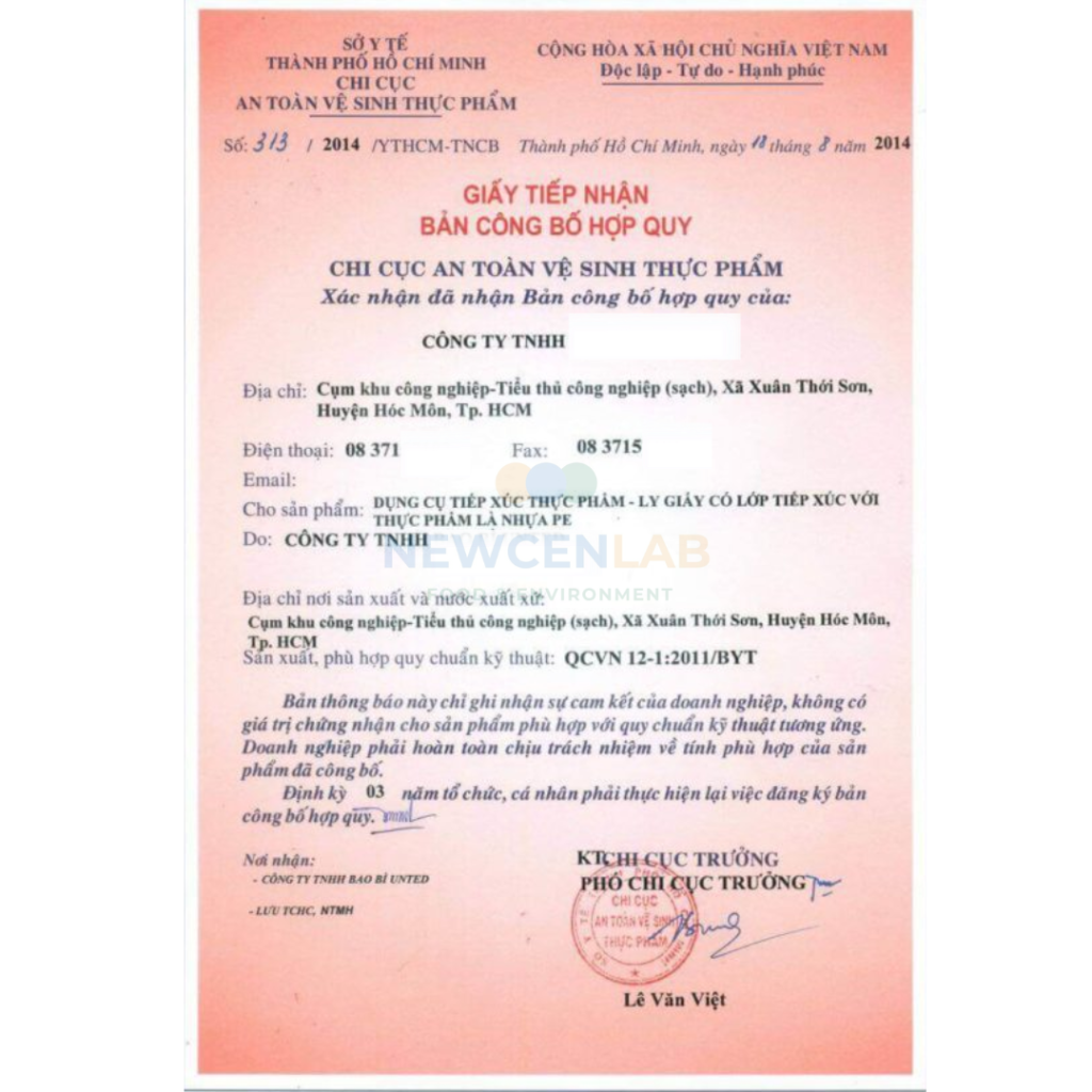 Ví dụ về "Giấy Tiếp Nhận Bản Công Bố Hợp Quy".