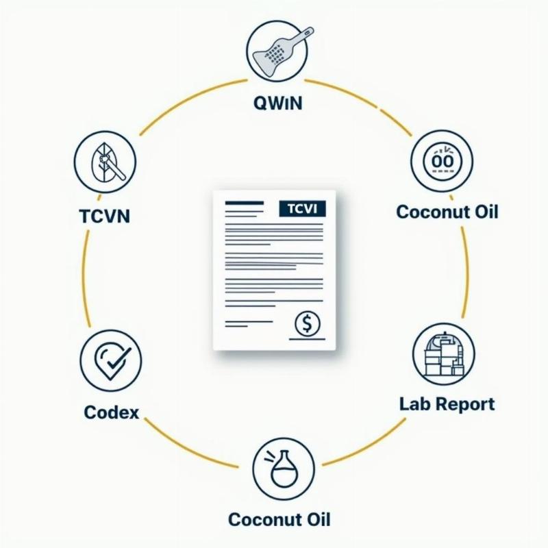 Minh họa các tiêu chuẩn và quy định áp dụng trong kiểm nghiệm dầu dừa, bao gồm TCVN, QCVN, Codex, ISO