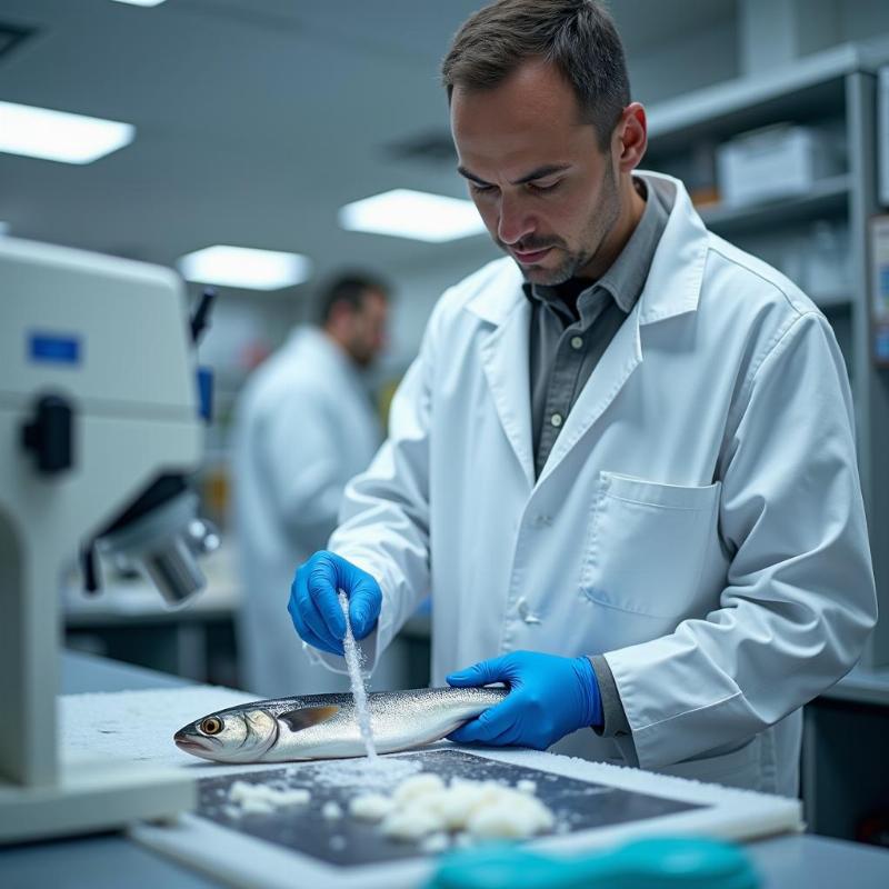 Ky thuat vien kiem nghiem thuc hien phan tich mau ca dong lanh trong phong thi nghiem hien dai