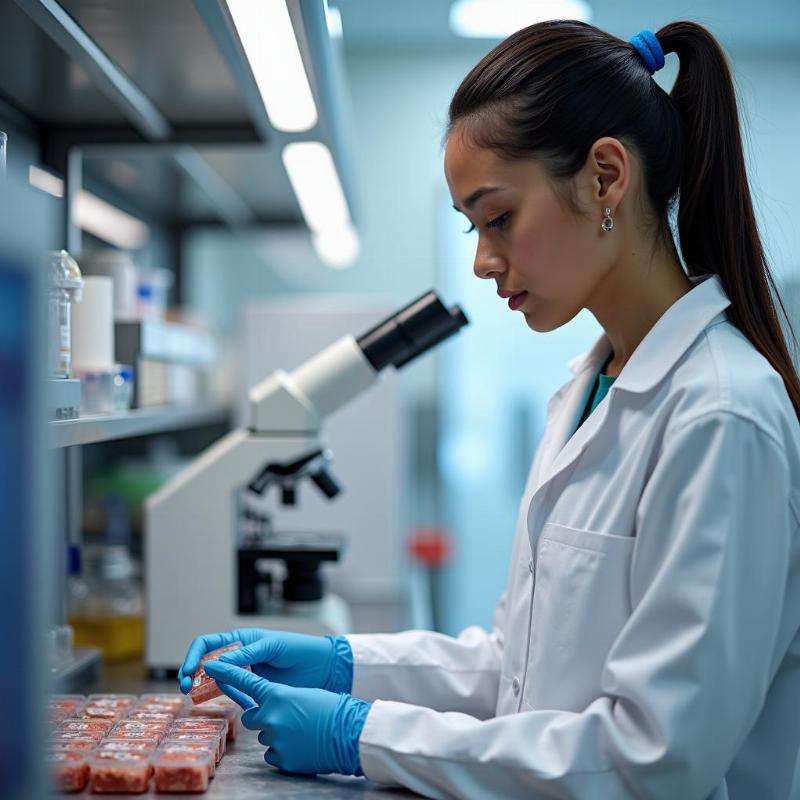 Chuyên gia Newcenlab đang thực hiện kiểm nghiệm các chỉ tiêu chất lượng đồ hộp thịt trong phòng lab hiện đại.